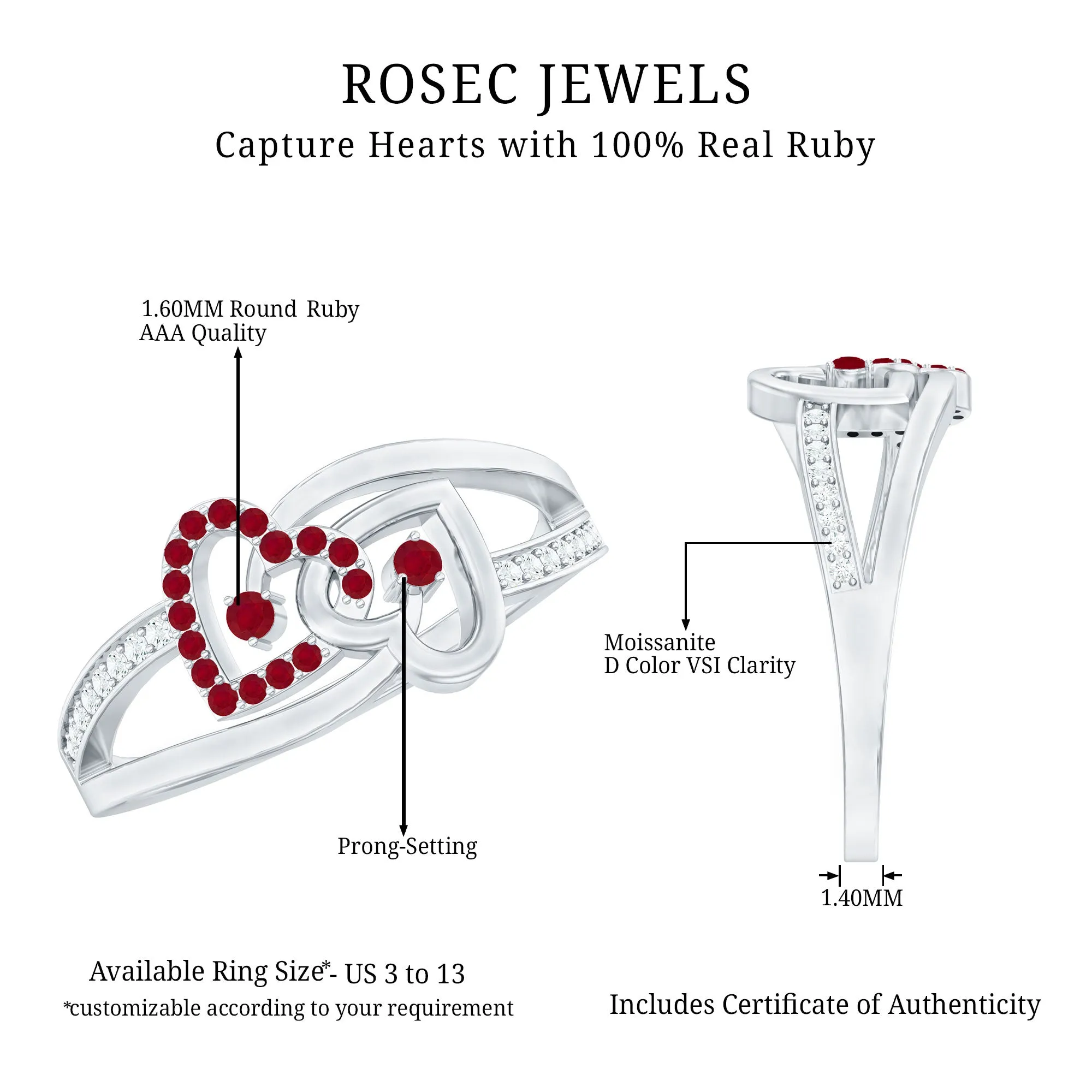 0.25 CT Interlock Heart Ring with Ruby and Moissanite in Gold