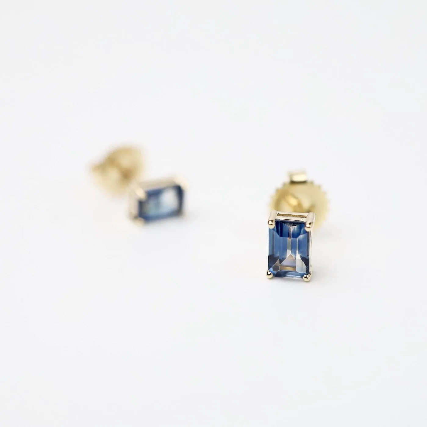 14k Gold Emerald Cut English Blue Topaz Post Earring