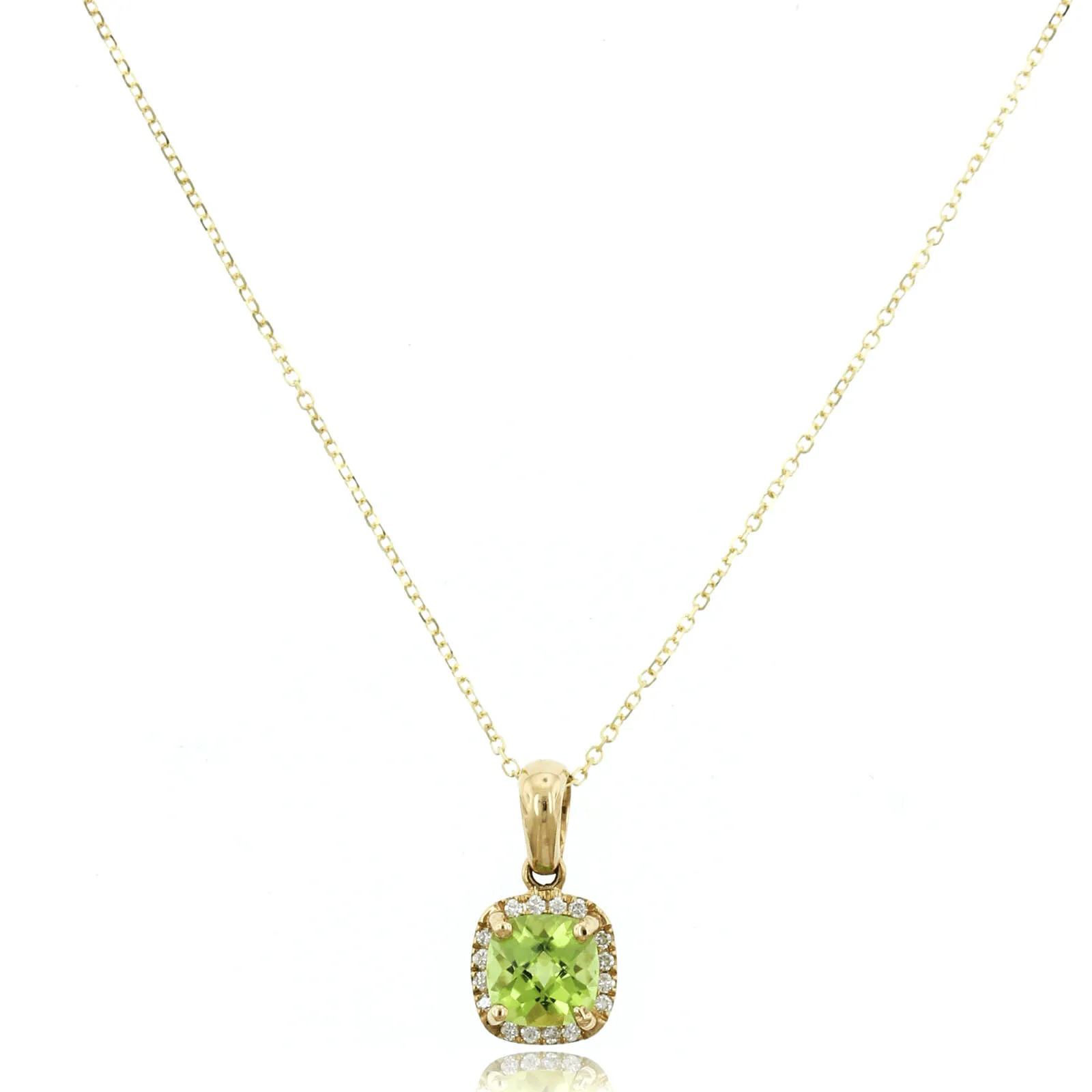 14K Yellow Gold Cushion Peridot Diamond Halo Necklace