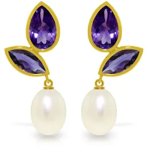 16 Carat 14K Solid Yellow Gold Chandelier Earrings Pearl Amethyst