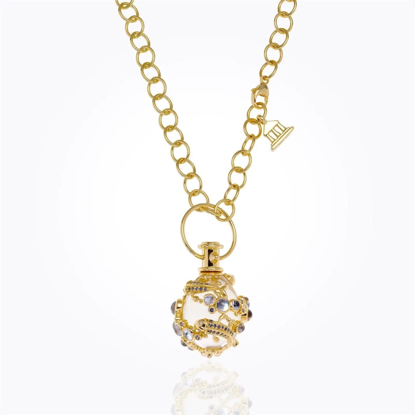 18K Flying Fish Amulet with rock crystal, royal blue moonstone, blue sapphire and diamond
