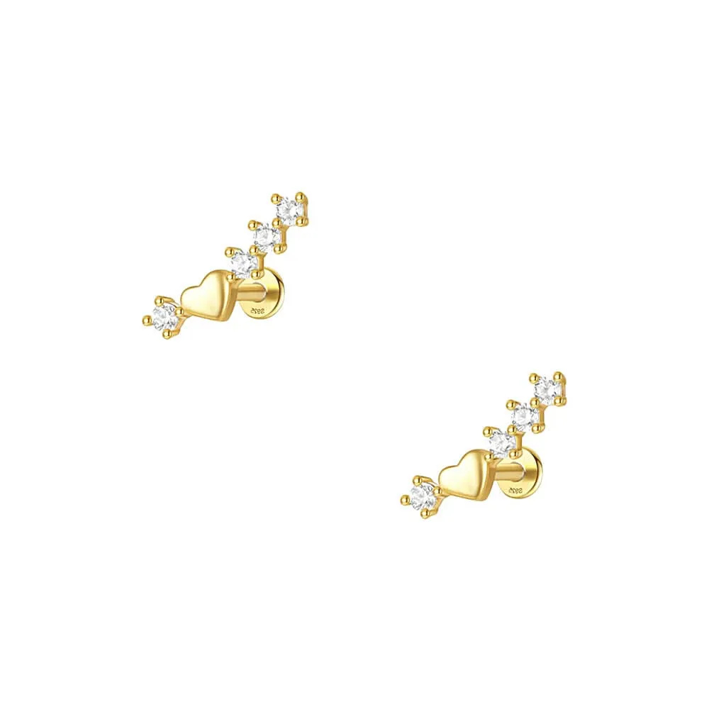 925 Silver Heart CZ Diamond Line Flat Back Earrings