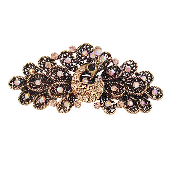 Antique Brass Rhinestone Peacock Hair Barrette