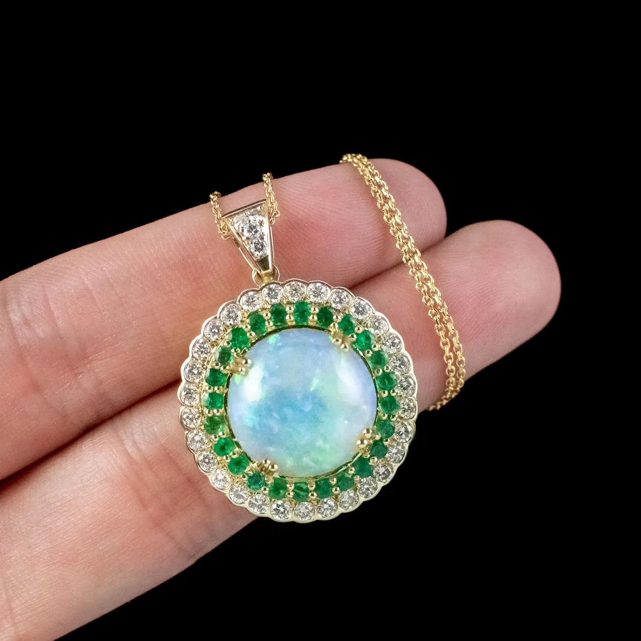 Art Deco Style Opal Emerald Diamond Pendant Necklace 18ct Gold 20ct Opal