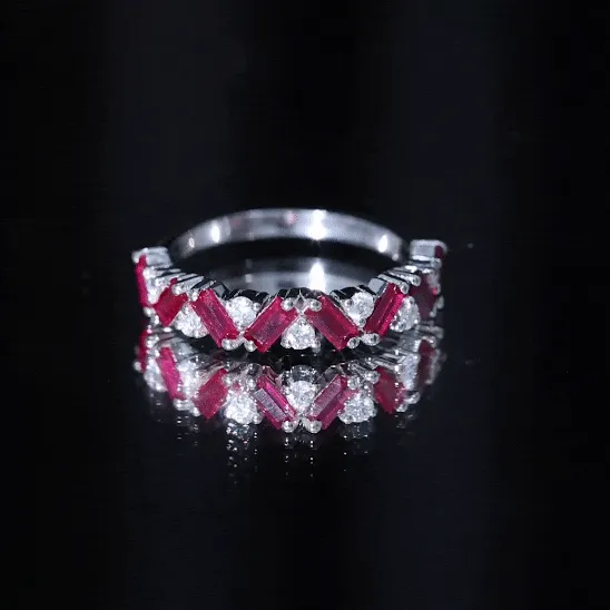 Baguette Shape Lab Grown Ruby Half Eternity Ring with Moissanite