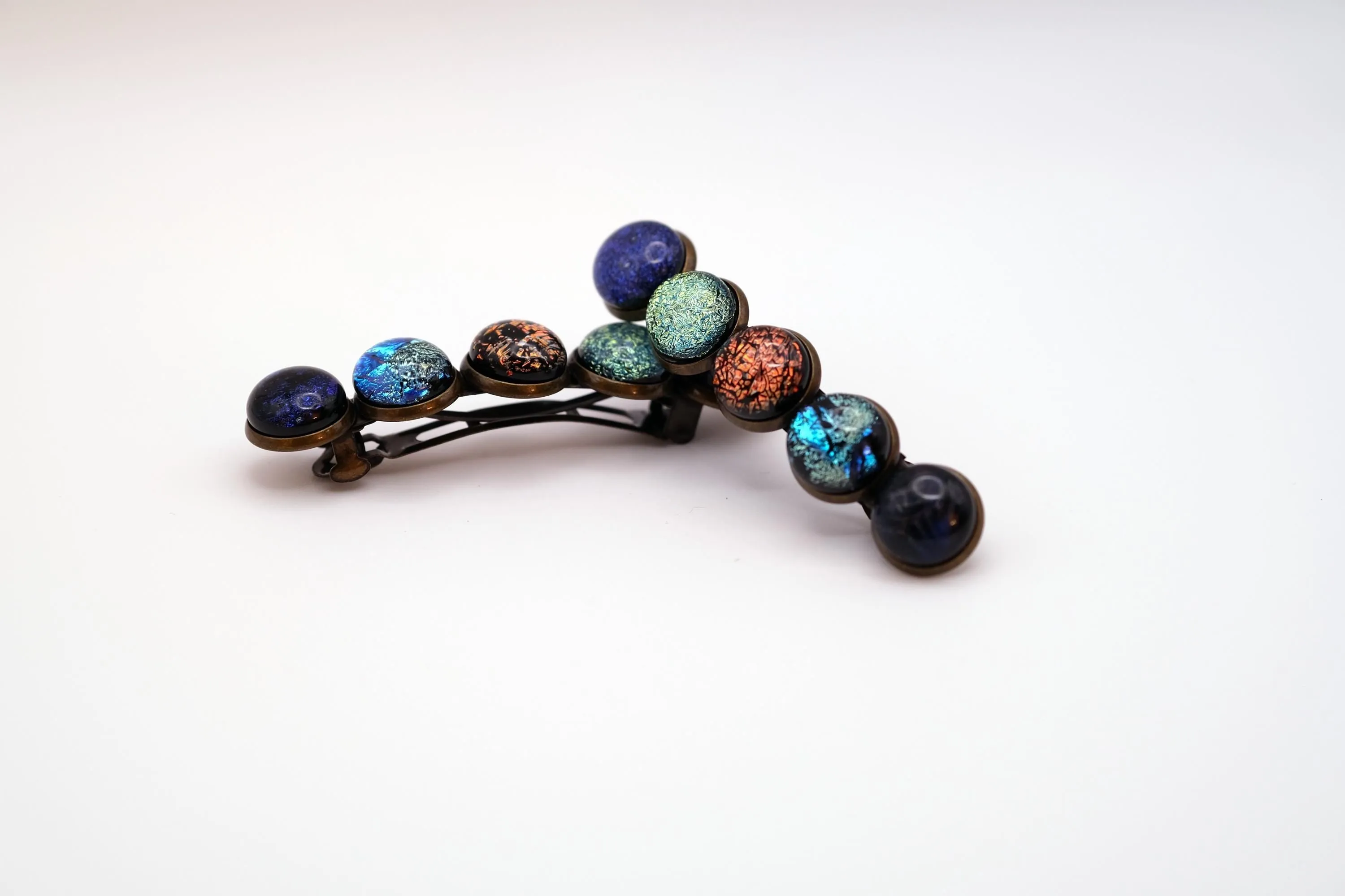 Barrette pair, bronze colored with 5 (blues, orange and green) colored fused glass cabochons, french clip, 2 3/4 inches