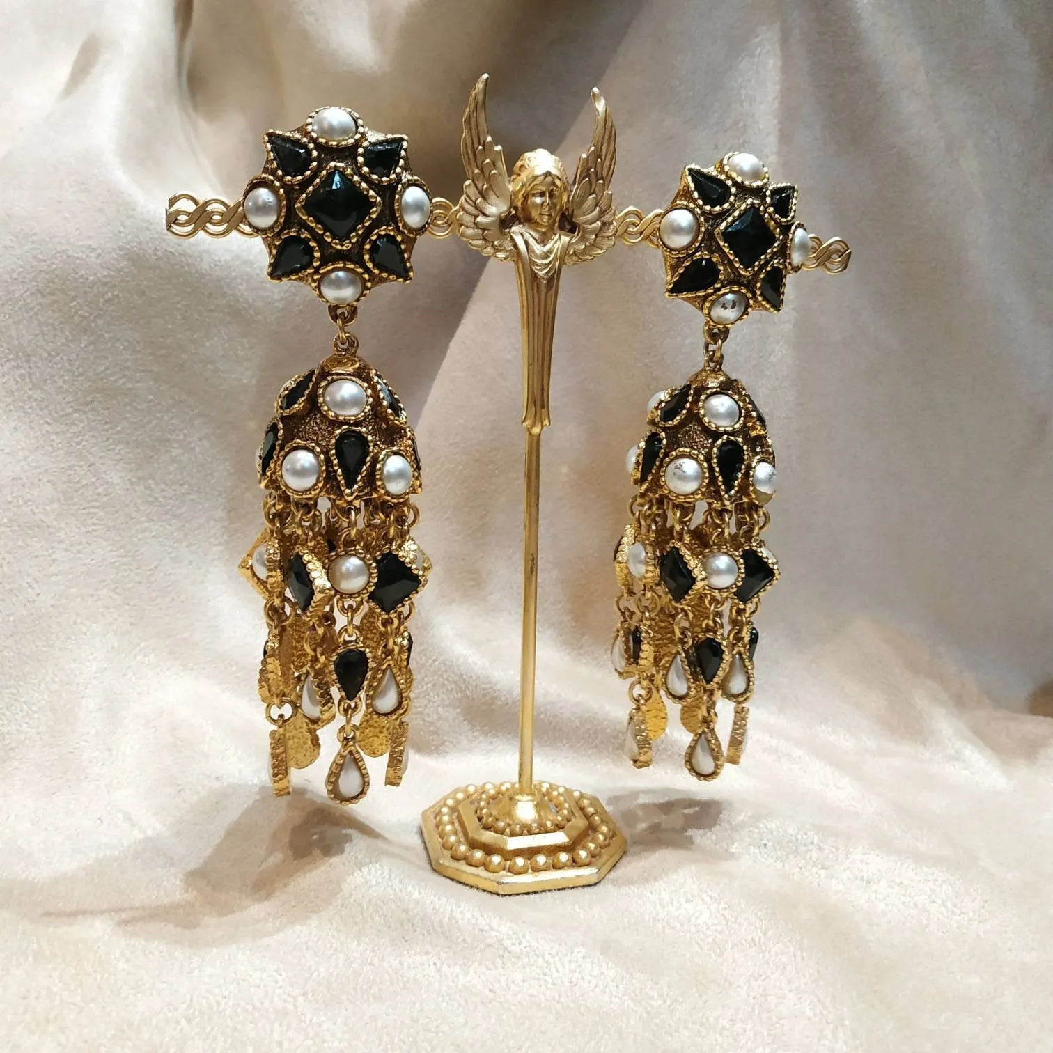 Black pearl chandelier clip on earring by Satellite