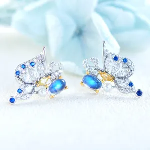 Butterfly Shaped Blue Moonstone White Gold  Plated Sterling Silver Stud Earrings For Women