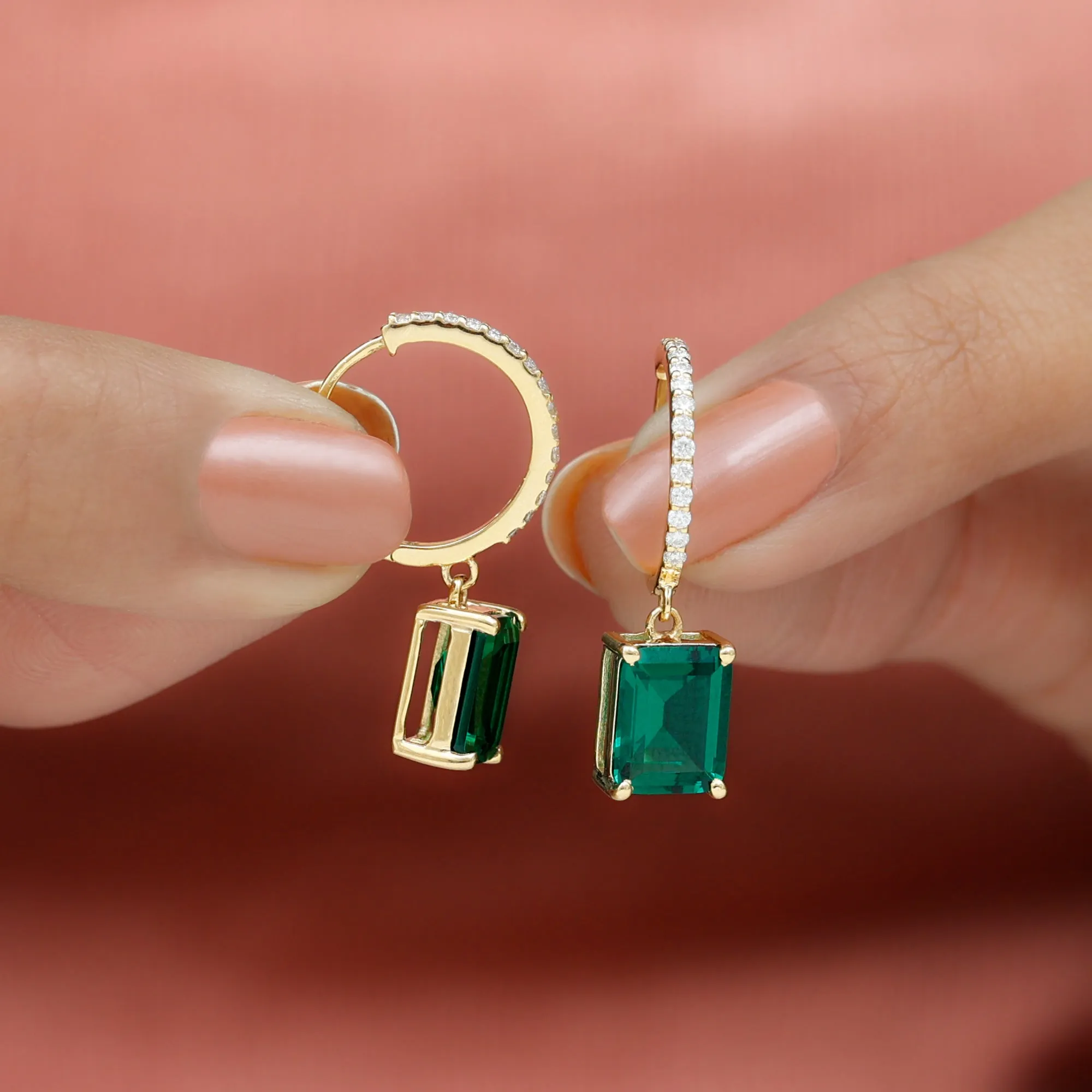 Certified Created Emerald Hoop Drop Earrings