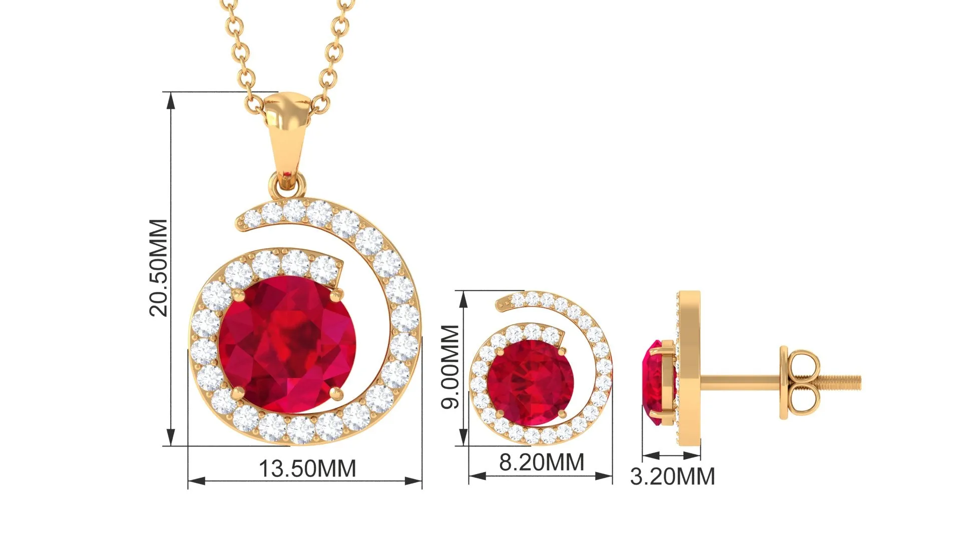 Created Ruby and Moissanite Swirl Pendant and Earrings Set