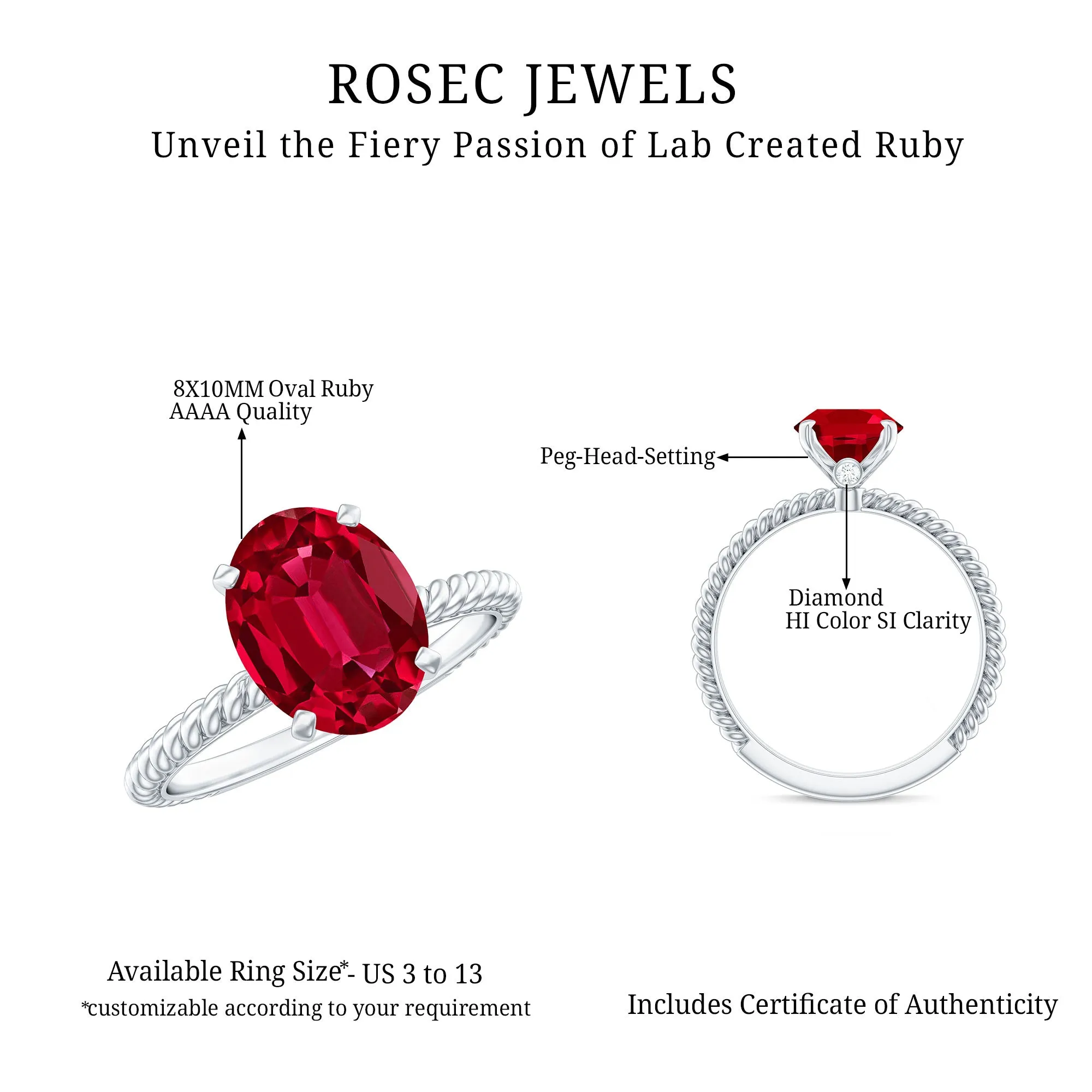 Created Ruby Solitaire Ring with Surprise Diamond and Twisted Rope