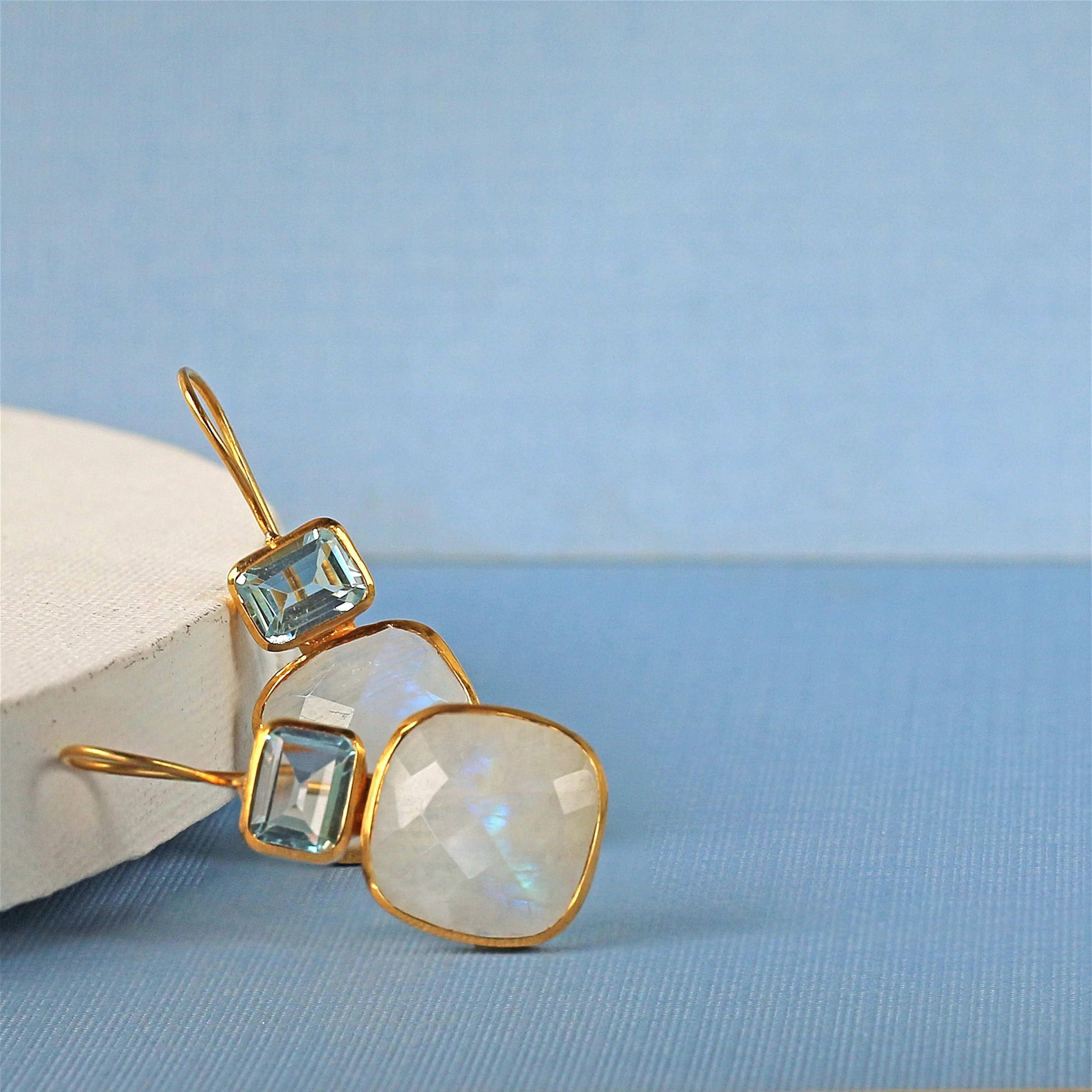 Earrings - Moonstone & Blue Topaz Drops