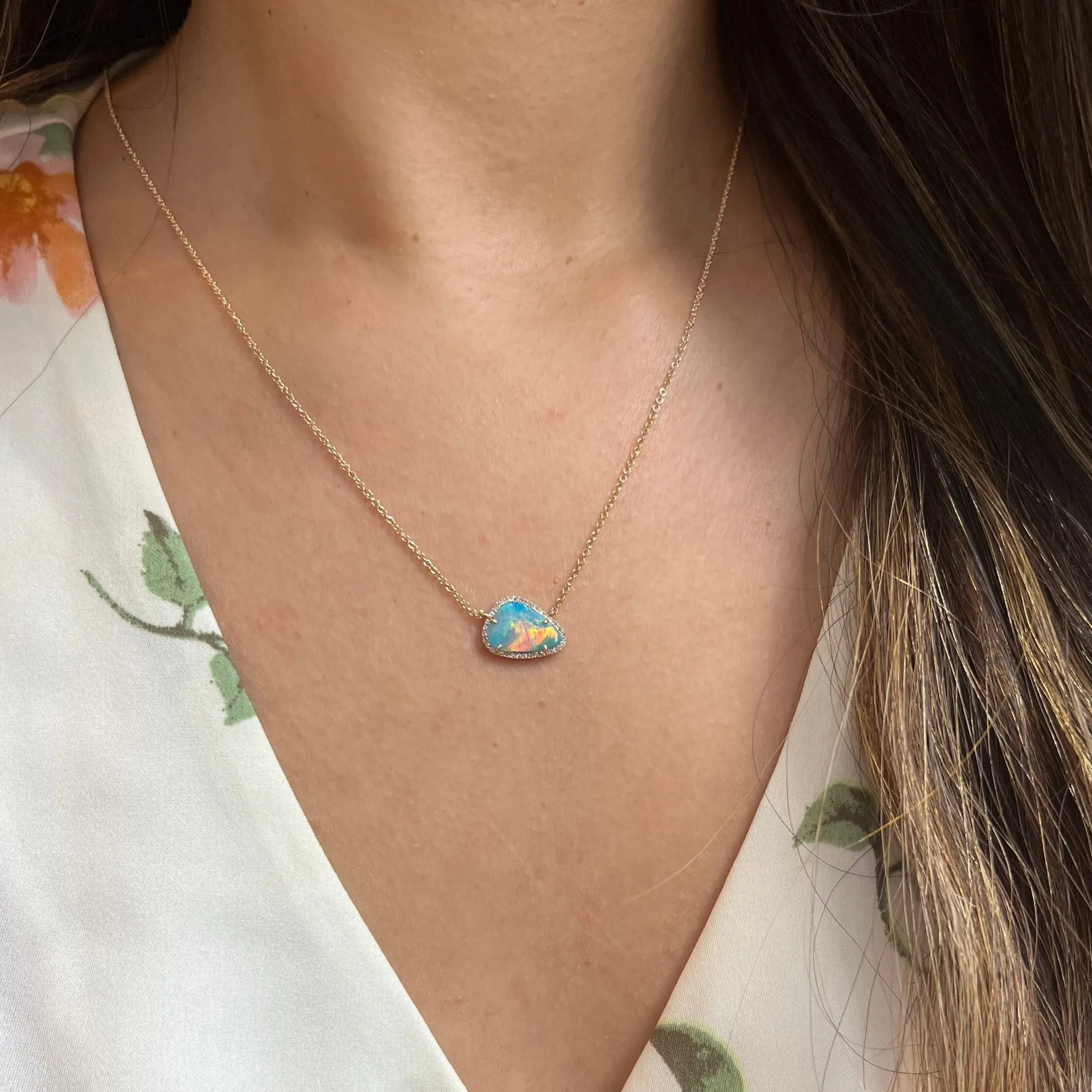 Fire Boulder Opal Necklace With Diamonds - Trillion