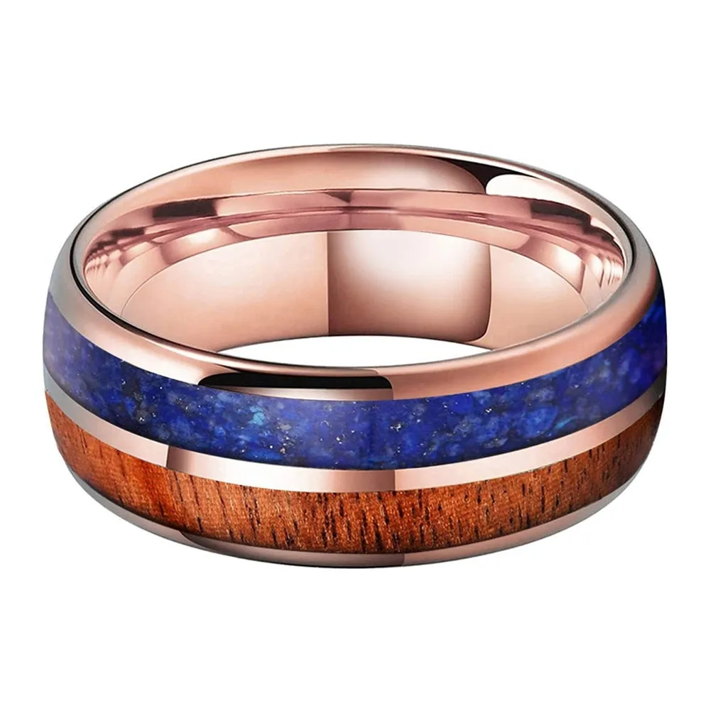 Koa Wood & Lapis Lazuli Rose Gold Tungsten Ring (8mm)