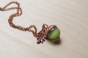 Moss & Copper Acorn Necklace | Nature Jewelry | Green Gemstone Acorn | Fall Acorn Charm Necklace