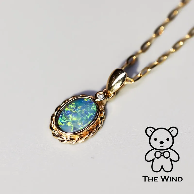 Oval Australian Doublet Opal & Diamond Pendant Necklace 14k Yellow Gold