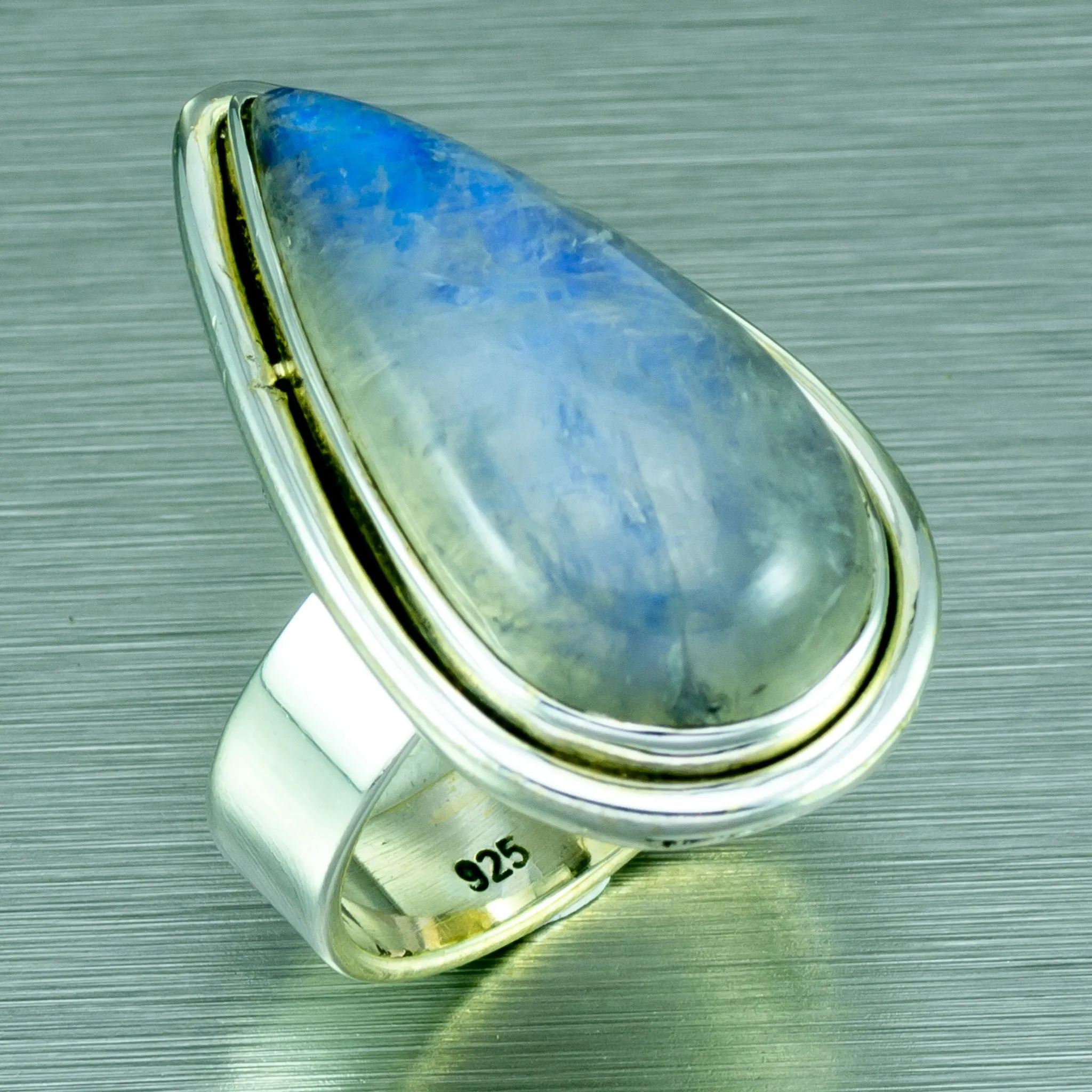 Rainbow Moonstone Tear Drop Silver Ring