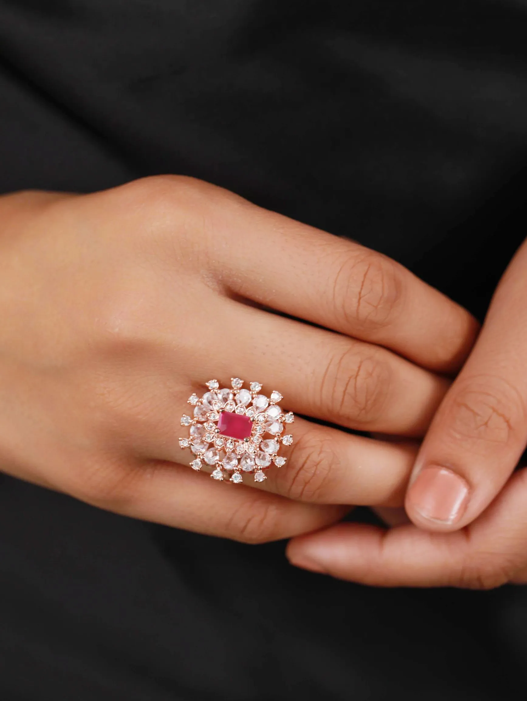 Rose Gold Plated & Pink American Diamond Studded Cocktail Ring