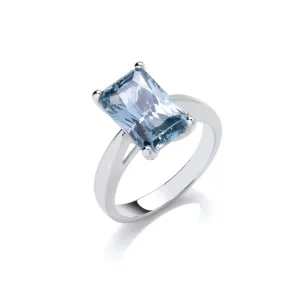 Silver Emerald Cut Aqua Cubic Zirconia Cocktail Ring