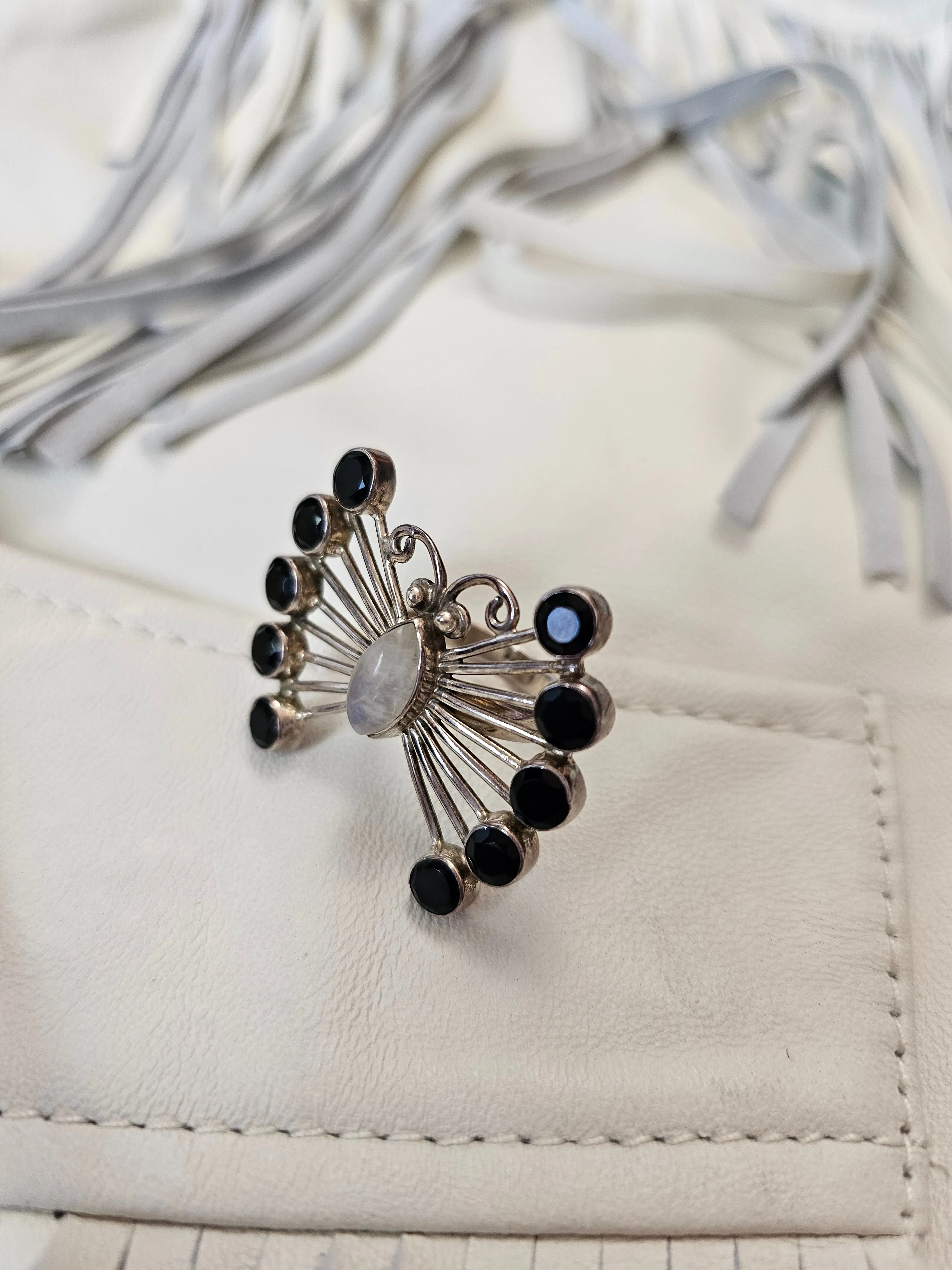 STERLING SILVER, ONYX & RAINBOW MOONSTONE RING