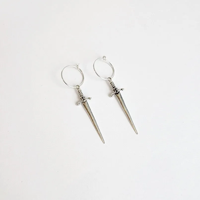 Sword Dagger Hoop Earrings in Sterling Silver