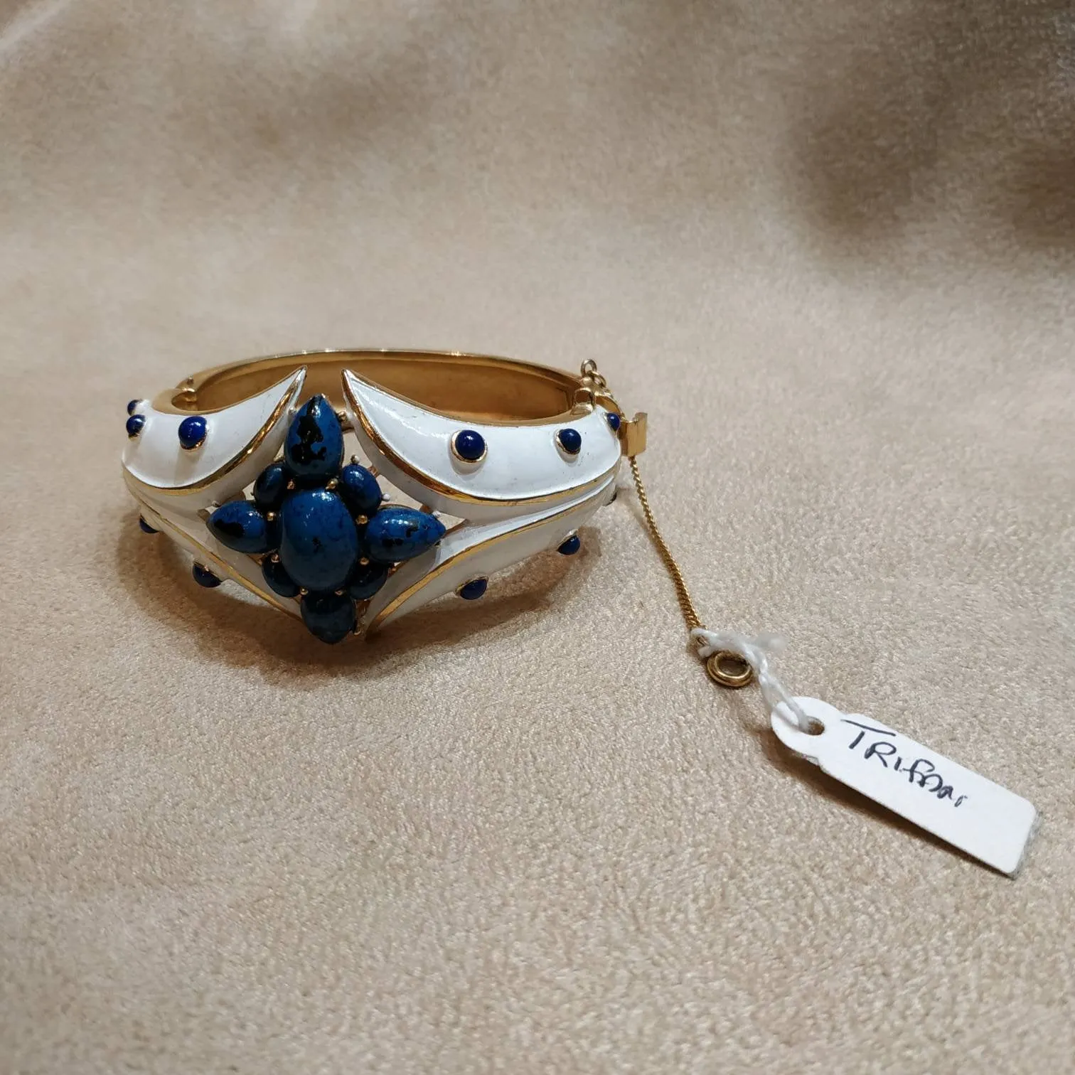 Trifari white enamel Lapis blue clamper bangle