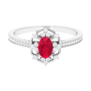 Vintage Style Lab-Created Ruby and Diamond Flower Engagement Ring